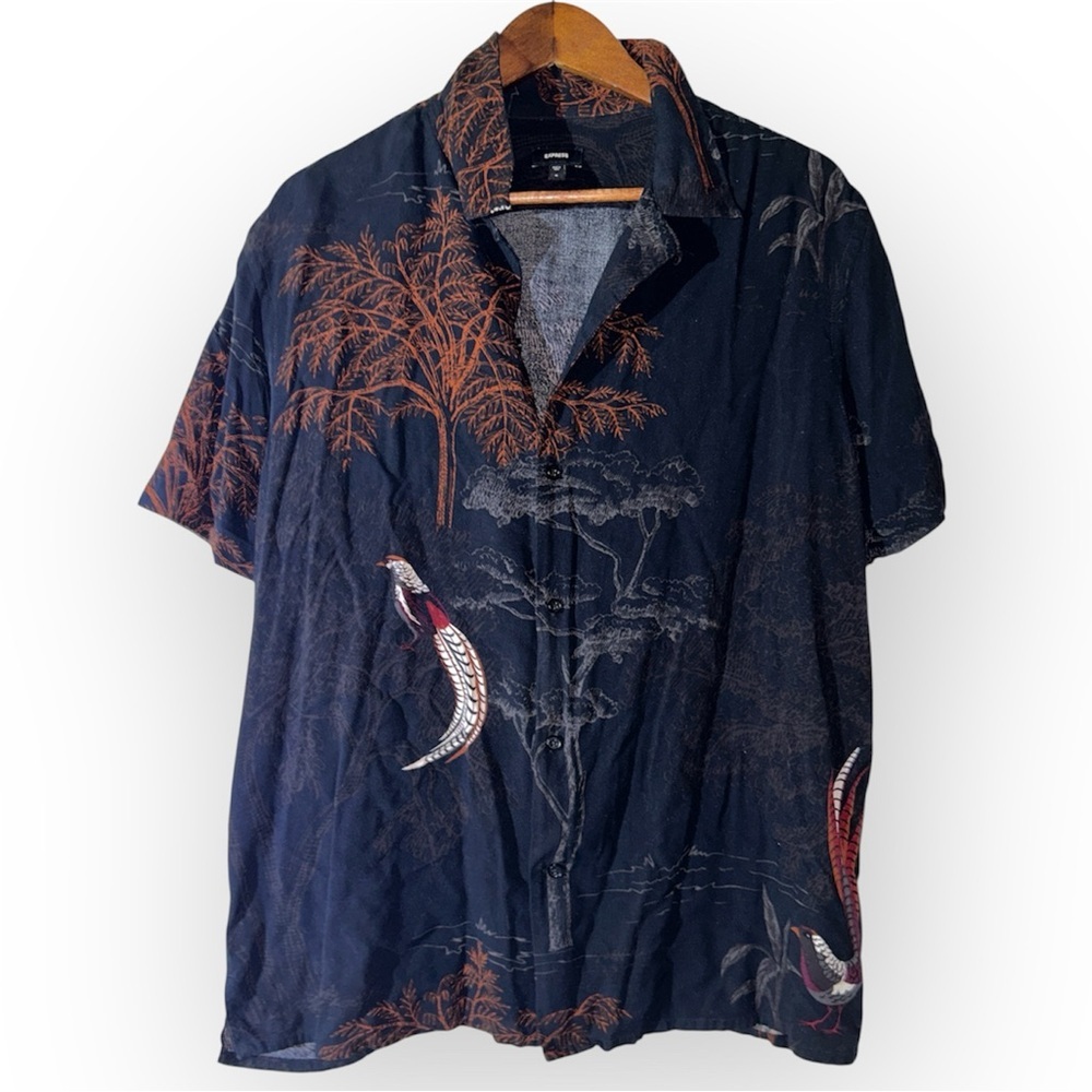 Express Bird & Tree Print Rayon Short Sleeve Shirt SIZE XL - Picture 2 of 7